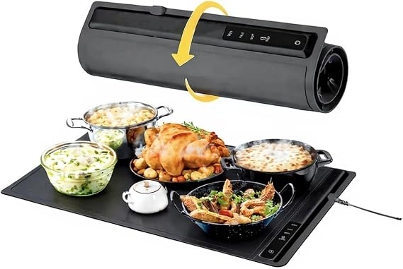 Electric Warming Tray, Full Surface Heating, Portable Food Warmer Rolling Silicone Mat, Food Warmer for Parties FeaturesFoldable Design & Fast Heating, Warming Plate for Buffet (Black)