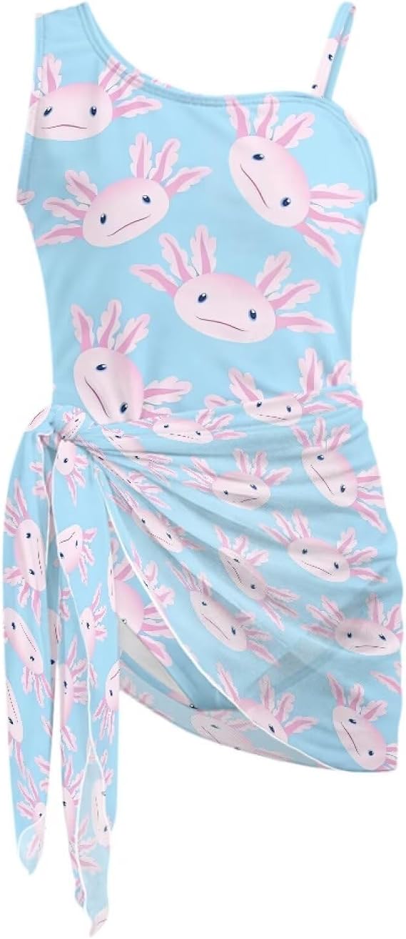 Girls One Piece Swimsuit Breathable Bathing Suit with Mesh Cover Ups Skirt Crew Neck Sleeveless Swimwear 7-18Y