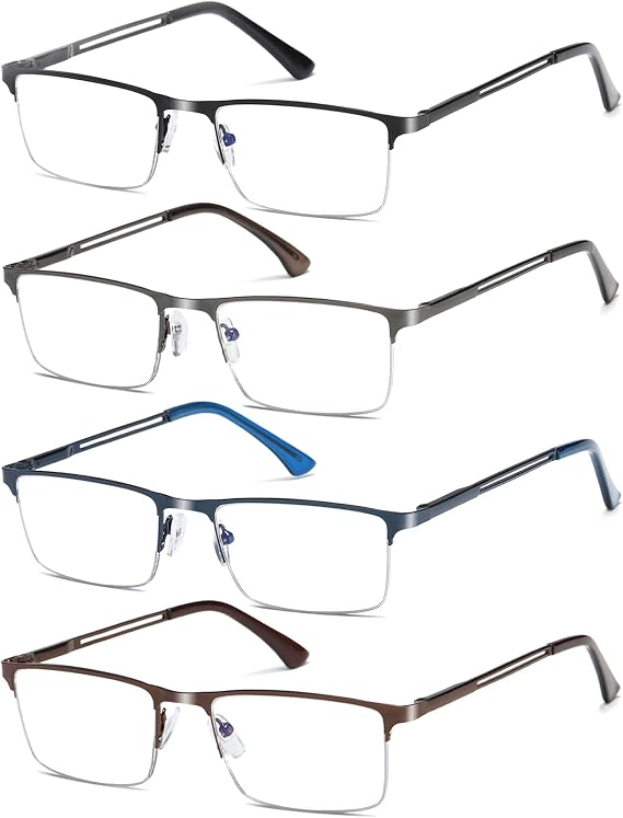 4 Pack Half Frame Reading Glasses For Men Metal Frame Blue Light Blocking Mens Reader Lightweight Spring Hinge