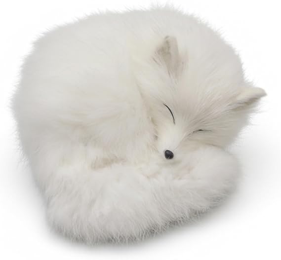 Realistic Sleeping White Fox Stuffed Animal with Soft Faux Fur, Handcrafted Fox Figurine for Home Desk Decor, Living Room, Office, Cozy Shelf Ornament
