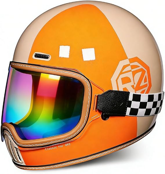Full Face Motorcycle Helmet with Visor, DOT Approved, ABS Shell, Retro Color Block Design with Checkered Strap, for Men and Women