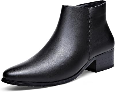 Mens Genuine Leather Pointed Toe Block Heels Chelsea Ankle Boots with Side Zipper Chunky heels Business Dress Chukka Boots Comfort Non Slip Work Booties