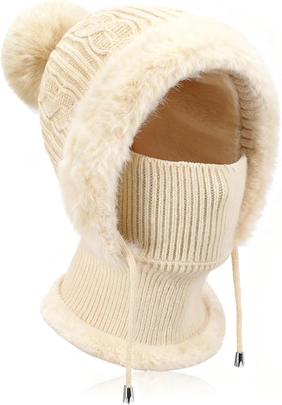 Winter Knitted Warm Hat Cap Snood for Women, Windproof Slouch Womens Balaclava Face Mask Neck Warmer Beanie Hats with Hairball, Soft Thermal Fleece Lined Woolly Hat Scarf Set Hooded Outdoor Ski