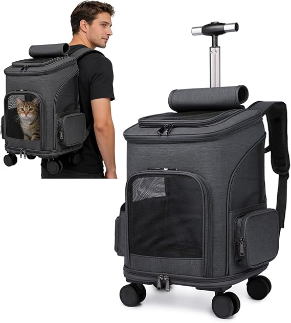 PETCUTE Cat Carrier Backpack with Wheels, 3-in-1 Pet Carrier Backpack with Removable Mat,Foldable Pet Travel Stroller with Breathable Mesh,Collapsible Dog Travel Bag for Small & Medium Pets,Dark Grey