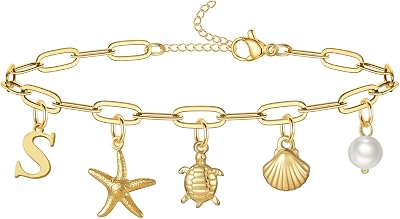 QILMILY Initial Charm Bracelet for Women, Waterproof Sea Turtle Starfish Seashell Surfer Bracelet, Paperclip Gold Bracelet for Women Letter S