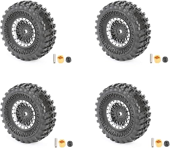 RCAWD Pre-Glued Wheel Tire Set Upgrades for FMS FCX24 Power Wagon,K5 Blazer & FCX18 LC80 Land Cruiser 80 Upgrades, 7mm Hex Adapter with Thickened Brass 1/24 1/18 Parts Black