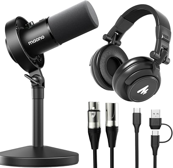 MAONO USB XLR Dynamic Microphone Studio Headphone Bundle,for Studio Recording Streaming Content Creation(PD00XT+MH601+XLR-180)