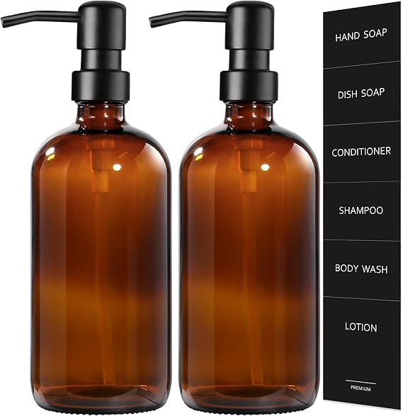 GMISUN Amber Glass Soap Dispenser, 2 Pack Bathroom Hand Soap Dispensers with Stainless Steel Pump, 17 Fl Oz Kitchen Hand and Dish Soap Dispenser Set, Modern Vintage Liquid Brown Soap Dispensers Bottle