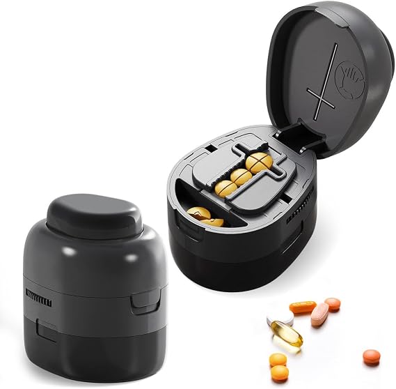 Safe Pill Cutter for Seniors Easy-Press Vertical Tablet Splitter, Adjustable Pill Holder for All Shapes, Hidden Blade Design, Food-Grade Material & Storage Box Precise 1/2 & 1/4 Medication Cutting