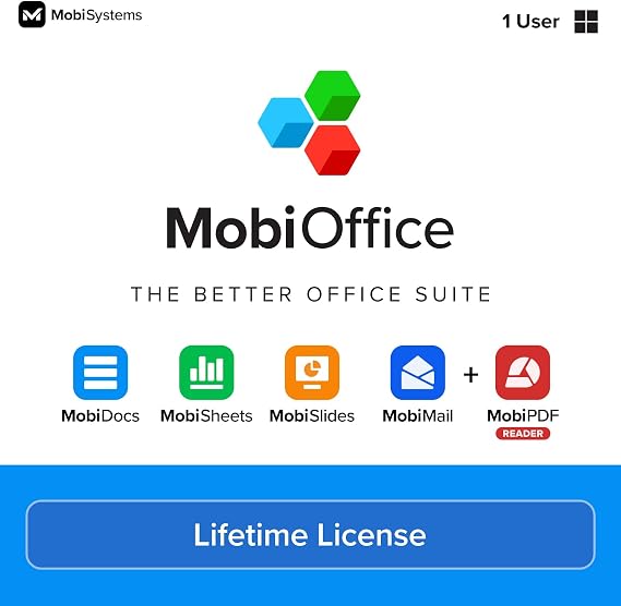MobiOffice Lifetime 4-in-1 Productivity Suite for Windows | Lifetime License | Includes Word Processor, Spreadsheet, Presentation, Email + Free PDF Reader
