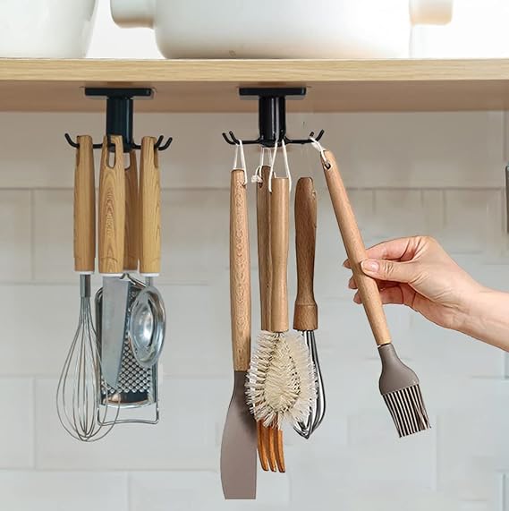 2pcs Under Cabinet Kitchen Utensil Hooks,360 Rotating Drilling Free Adhesive Utensils Hanging Rack for Tools/Towel/Knife (Black)