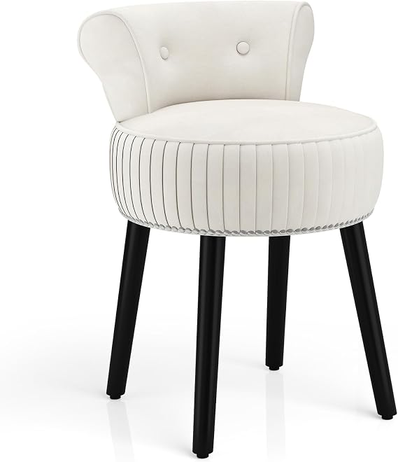 COSTWAY Dressing Table Stool, Upholstered Velvet Vanity Stool Chair Footrest with Rubber Wood Legs and Tufted Low Back, Comfy Accent Makeup Chair Seat Footstool for Bedroom Living Room (Beige)