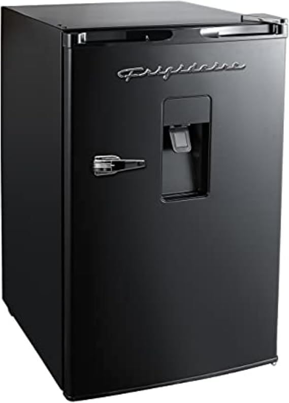 Frigidaire EFR494-BLACK Retro Compact Mini Fridge with Freezer Compartment, Chrome Handles, 4.4 Cu Ft, Built-in Water Dispenser, Black