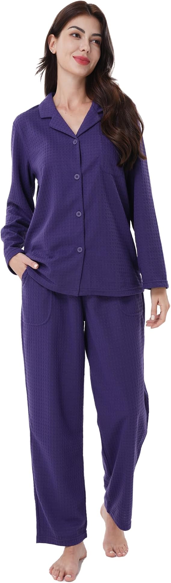 DAVID ARCHY Womens Pajama Sets Waffle Knit Soft Long Sleeve Button Down Sleepwear Lightweight Loungewear for Spring Nights
