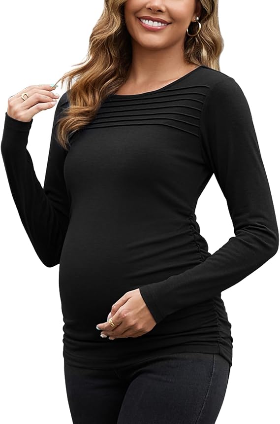 Maternity Long Sleeve Tops for Women Pleated Crewneck Pregnancy Shirts Dressy Work Blouses Trendy Basic Tunic