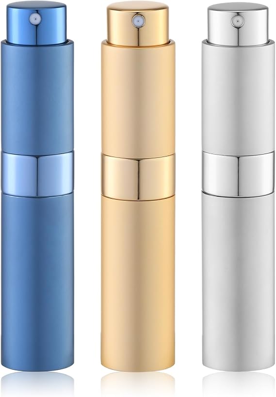 Lulupack 10ml 香水アトマイザー ケルン 旅行用スプレーボトル 詰め替え可能 ポータブルスプレー 3個 ゴールド シルバー ブルー