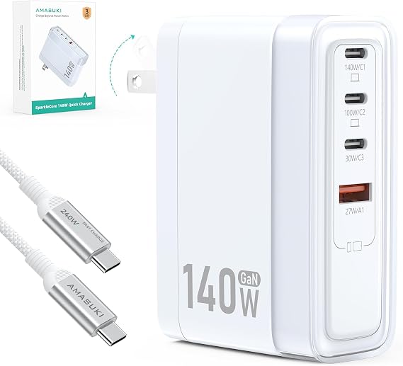 SparkleCore 140W USB C Charger,4-Port 100W Fast Charging Block PD3.1 GaN Cruise Essentials 2026 Travel for Apple MacBook,Laptop,iPhone 17/16 Series,iPad Pro,Samsung,Anker Laptop Power Bank,6.6ft Cable