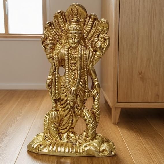 Brass Lord Satyanarayana Statue 3.25 Inch | Sheshnag Vishnu Idol 120g | Antique Finish Hindu God Sculpture | Handmade Shesha Vishnu Figurine for Pooja, Home Temple Decor & Spiritual Gift