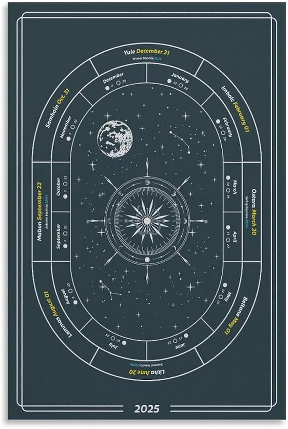2025 Wheel of The Year with Wiccan Events Calendar, 2025 Pagan Holidays Calendar, Annual Cycle of Seasonal Festivals, Interfaith Almanac < Prints Posters Canvas Wall Art Paintings Deco> Unframe 12x18i