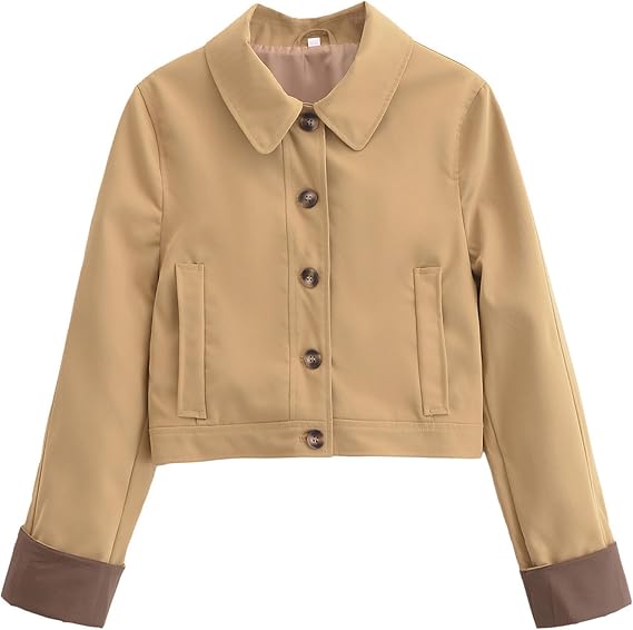 KEOMUD Women's Spring Fall Casual Long Sleeve Lapel Bomber Jacket,Trendy Pilot Cropped Jacket Coat for Daily Outfits