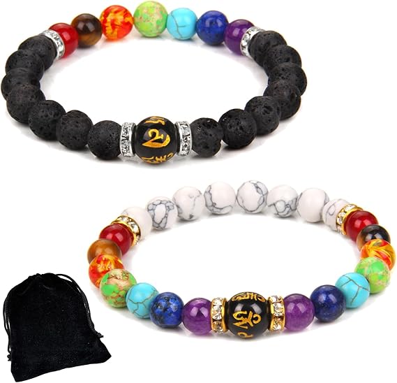 Bracelet 7 Chakra Amour Supreme, Pulsera Arus 7 Chakras, 7 Chakra Bracelet, Religion Healing Real Stones Yoga Reiki Essential Oil Bracelet (2PCS-B)