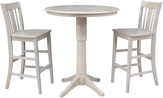 IC INTERNATIONAL CONCEPTS 36-Inch Round Pedestal Bar Height Table with 2 San Remo Stools, Solid Wood, Ideal for Dining Room, Kitchen, Pub - Washed Gray Taupe