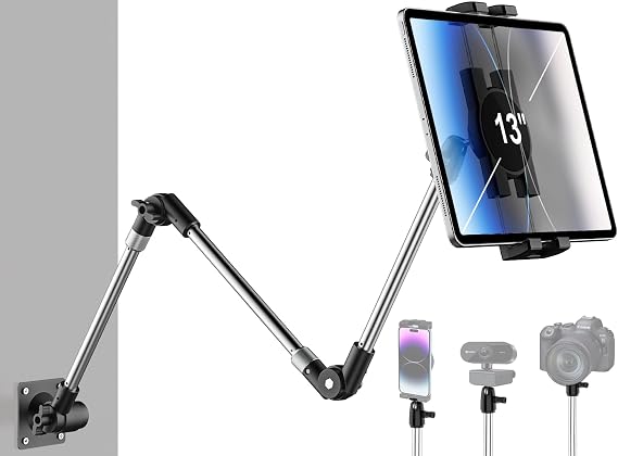 Aluminum Tablet Wall Mount Holder - 35 Inch Foldable Arm Tablet Stand for Wall, 360 Adjustable Webcam Camera Clip, for iPad Pro Air Mini, Galaxy Tabs, Z Fold, Fire HD, iPhone, 4.7-13" Devices