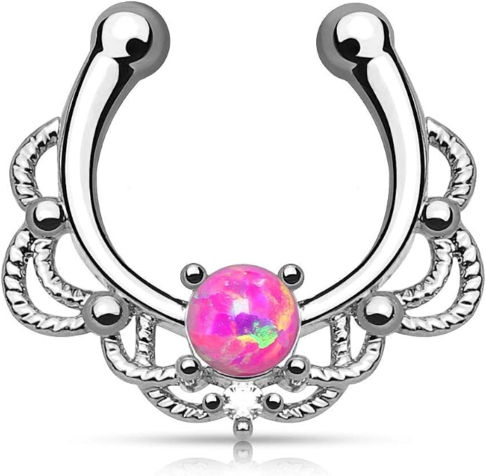 Pierced Owl - 16GA Lacey Single Synthetic Opal Clip On Fake Non No Piercing Septum Hanger Ring