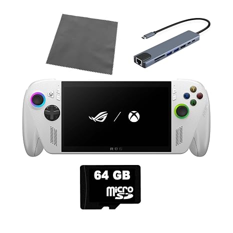 ASUS ROG Ally 512GB SSD AMD Ryzen Z2 A CPU Handheld Gaming Console 7-inch Touchscreen 120Hz, CyberEZQ 8 in 1 USB C Hub, 64GB MicroSD Card, 4 Accessories: 5 in 1 Bundle