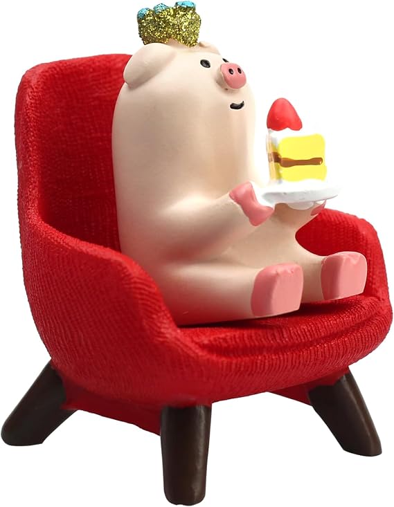 RAQWI Cute Pig Figurine Eating Cake on Red Sofa, Mini Resin Piglet Statue for Easter Spring Home Office Desk Decor, Sweet Gift for Girls Women Pig Lovers
