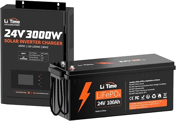 LiTime 24V 100Ah Lithium Battery with 3000W Solar Inverter Charger