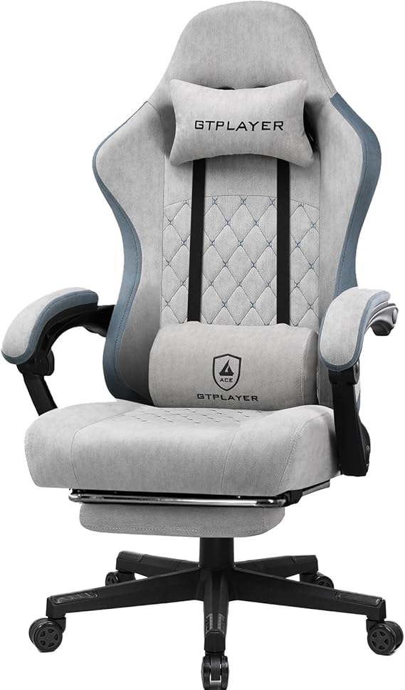 GTPLAYER Fabric Gaming Chair with Footrest, Ergonomic Computer Desk Chair with Pocket Spring Cushion Home Office High Back Support Lumbar Support Heavy Duty Wide, Grey