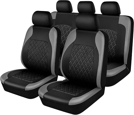 Leather Car Seat Cover Full Set, Universal Size Front Rear Covers (Grey)