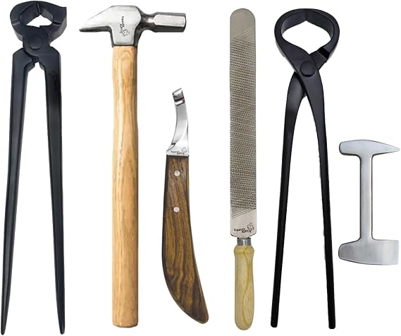 Horse Farrier Tool Kit Complete Hoof Trimming Set with Nipper, Rasp, Hoof Knife, Buffer, Hammer & Cutter in Durable Professional Equine Hoof Grooming & Maintenance Tools