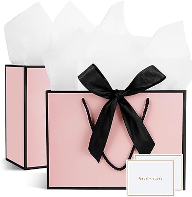 Gfractolux Medium Gift Bags for Present - 2 Pcs With Tissue Paper and Cards for Women, Birthdays, Baby Shower, Wedding, Party Favor, Holiday Presents 11X7.9X3.9 Pink
