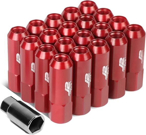 J2 Engineering 20 Pcs 7075 Aluminum Tall Open End M12 x 1.25 Lug Nuts Set w/Socket Adapter, Red, Fit Conical Seat, LN-T7-003-125-RD