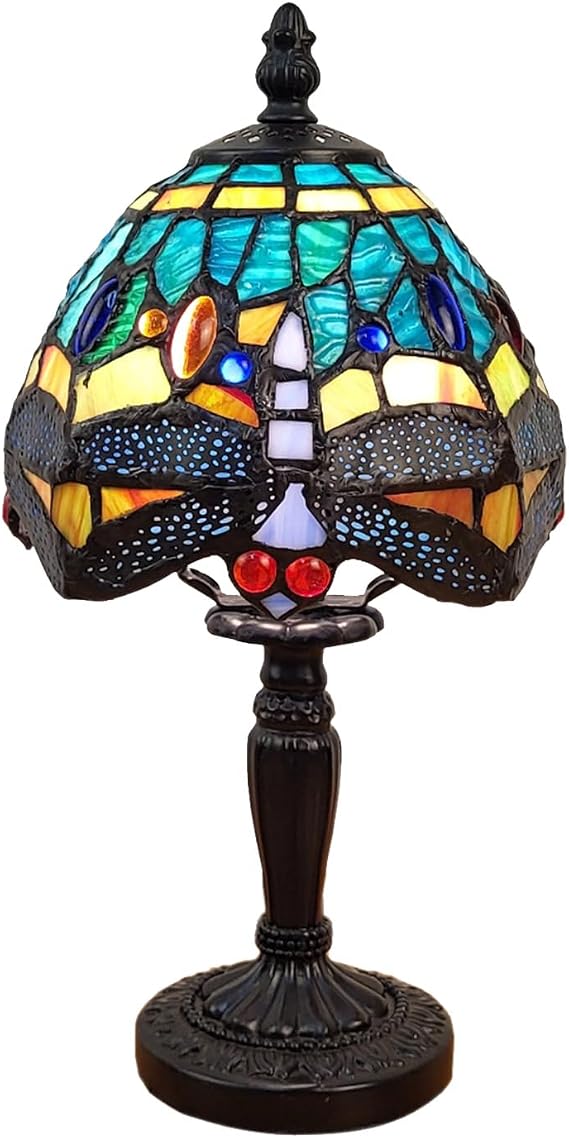 Fine Art Lighting Tiffany Style Mini Table Lamp Dragonfly Design, Handcrafted Stained Glass (6" D x 12.5" H)