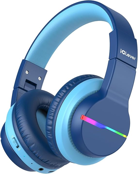 iClever BTH12 Kids Bluetooth Headphones 85H Playtime with LED Lights Travel | SafeSound Tech, Stereo Sound, USB C Charging AUX Cable Over Ear Built-in Mic, Kids Wireless Headphones for Toddler Boys Girls