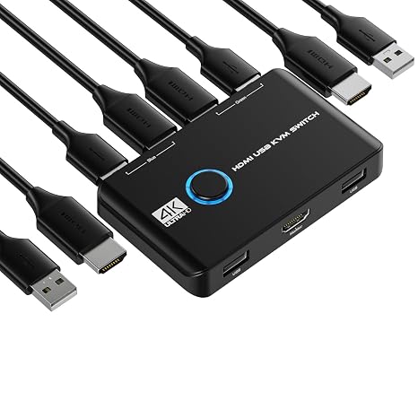 KVM Switch, 4K@60Hz KVM Switch 1 Monitors 2 Computers, HDMI KVM Switches for 2 Computers Sharing One HD Monitor and Keyboard Mouse, Button Switch, Plug and Play, 2 HDMI Cables and 2 USB Cables