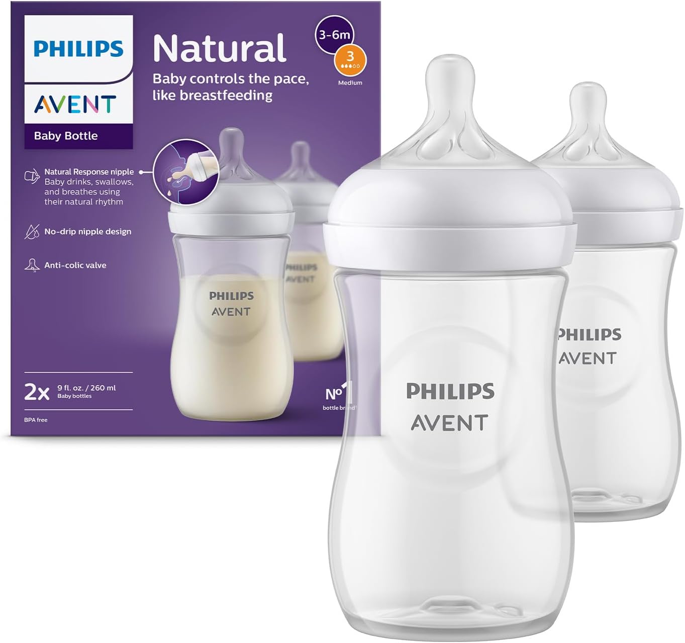 Philips Avent Biberón Natural Response: 2 biberones para bebés recién nacidos de 260 ml, sin BPA, a partir de 1 mes modelo SCY90302