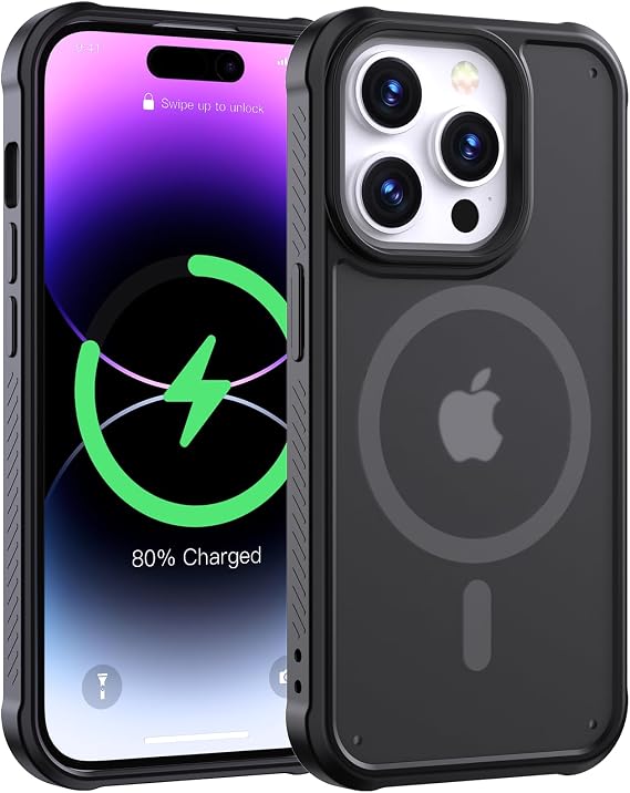 iPhone 14 Pro用ケース、スリムフィット & タフ マット半透明、滑り止めと黄変防止、磁気携帯電話ケース iPhone 14 Pro 6.1インチ用 ブラック