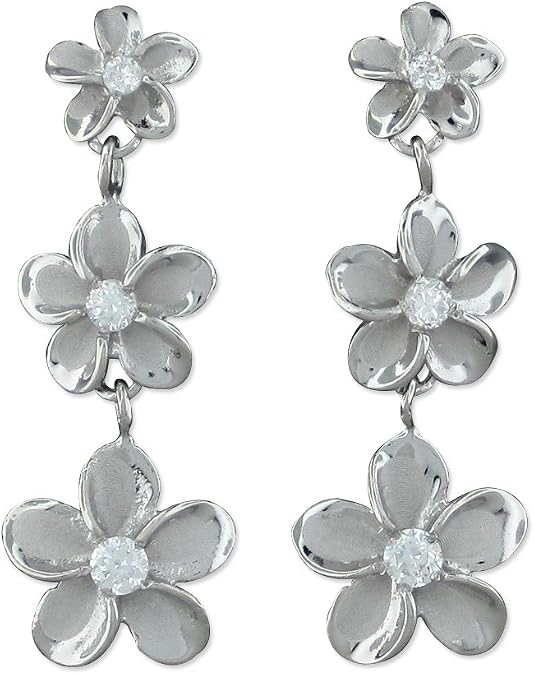 Sterling Silver Three Plumeria Dangle Earrings