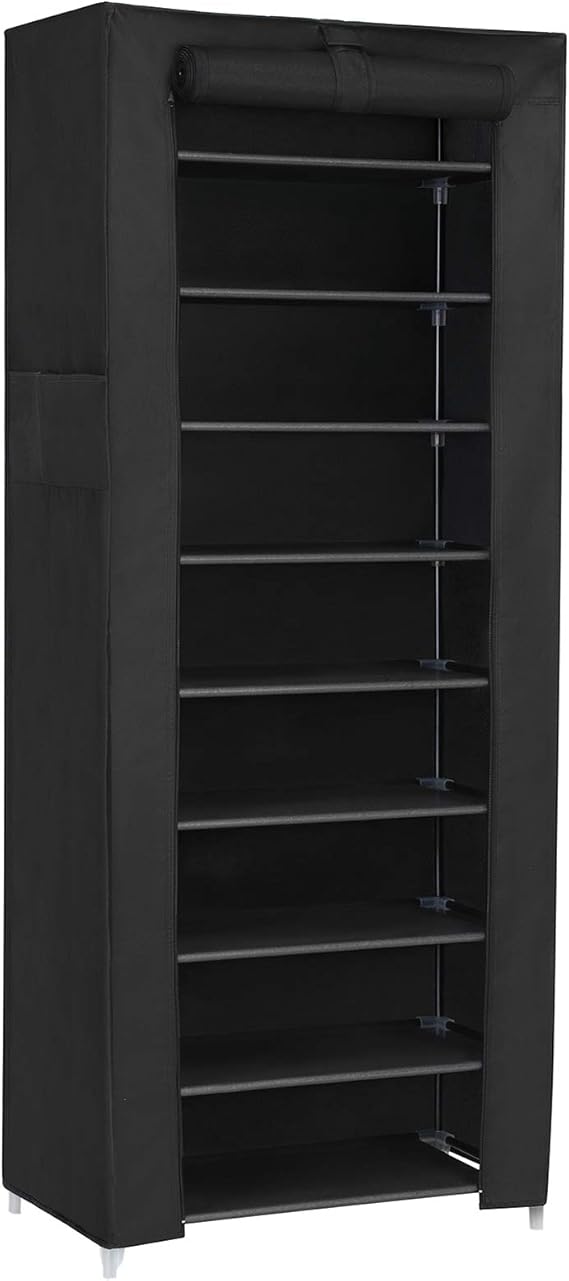 SONGMICS Toz Geçirmez Örtülü 10 Katlı Metal Ayakkabı Rafı, Siyah, RXJ10H