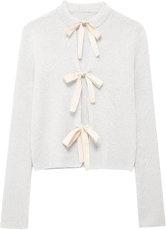 Pinclodly Tie Front Cardigan Sweaters for Women Y2K Bow Tie Open Front Cardigans Crewneck Long Sleeve Sweaters