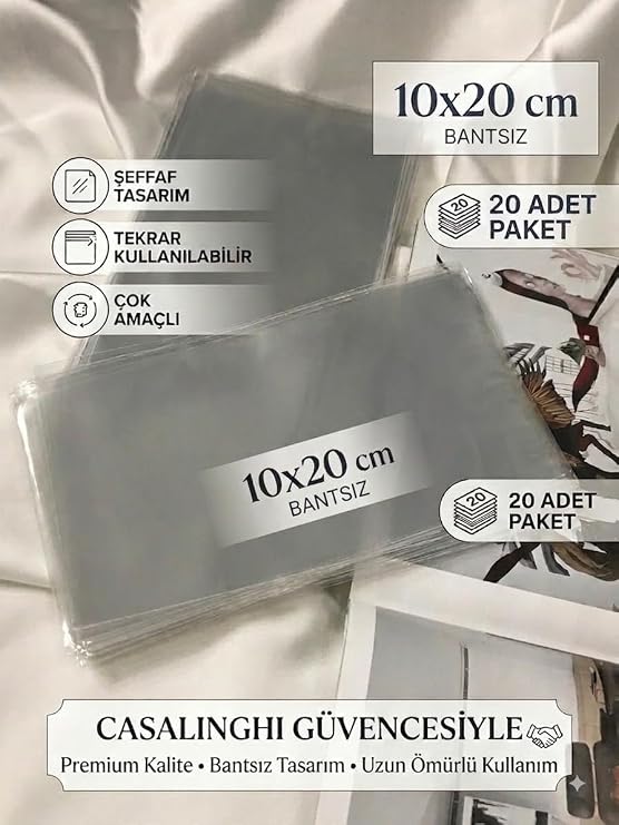 Bantsız 10x20 CM Kurabiye Poşeti Yapışkansız Jelatin Şeffaf Opp Torba 10x20 CM - (20 Adet)