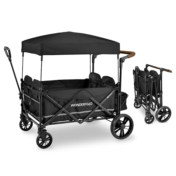 WONDERFOLD X4 Push & Pull Stroller Wagon (4 Seater) - Wagon Stroller with Seats with 5-Point Harnesses, Adjustable Push Handle, and Sun Canopy, Stealth Black