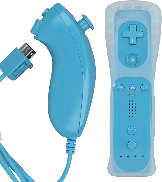 MOVHEIYL Replacement Remote Controller for Wii & Wii U, Built-in 2 in 1 Motion Plus with Silicon Case and Nunchuck (Blue)