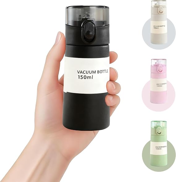 5.3oz Mini Water Bottle,Small Flasks,Stainless Steel Insulated Water Bottles,Leakproof Drinks Bottle with Carry Handle for Hot&Cold Drinks,Coffe,Juice(Black)
