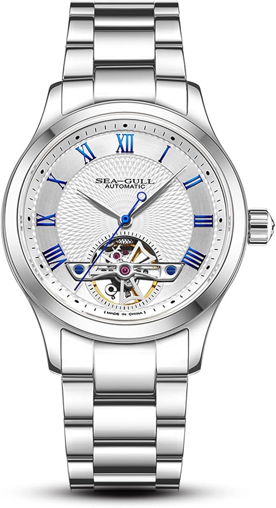 SEA-GULL Men's Automatic Mechanical Watch, Skeleton Dial with Flywheel, Stainless Steel Business Wristwatch, Sapphire Glass, 1090