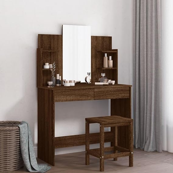 Brown Oak Dressing Table with Mirror 96x39x142 cm, 2 Drawers and 4 Small Shelves for Ample Storage, Engineered Wood Vanity Desk with Utility Mirror for Bedroom Decor
